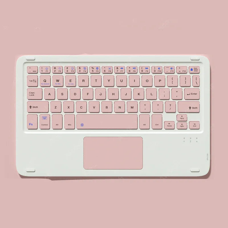 Pink Bluetooth touch keyboard and dual-mode rechargeable mouse set on a desk with a tablet.