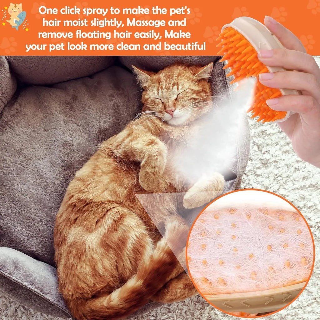 Yellow 4-in-1 cat steam brush with silicone teeth, water tank, USB port, and UV ringworm detection lamp.
