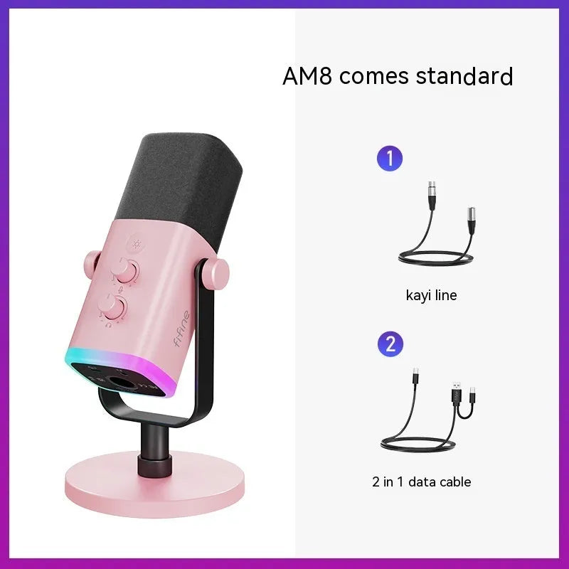 Dynamic noise reduction condenser microphone in black with XLR and USB-C cables on desk stand
