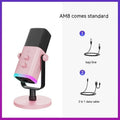 Dynamic noise reduction condenser microphone in black with XLR and USB-C cables on desk stand
