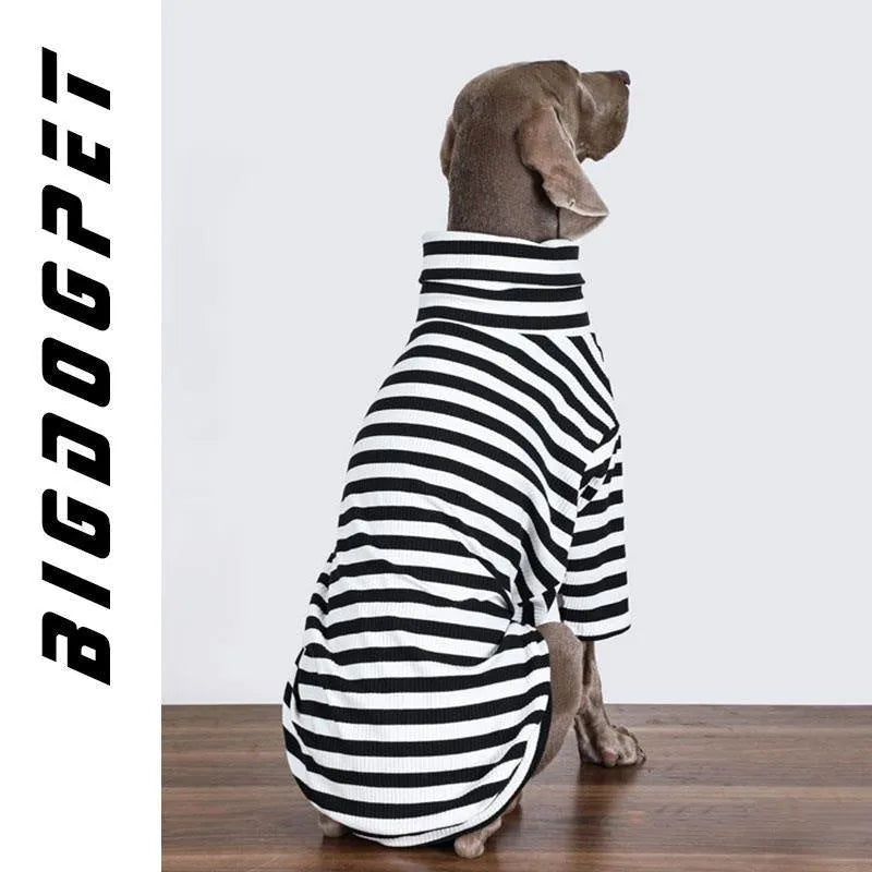 Black and white thin polyester dog clothing for large breeds on a size chart.