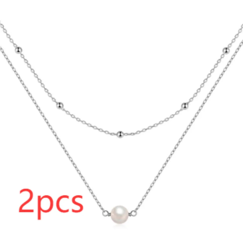 S925 sterling silver double layer necklace with twin pearls and geometric pendant on ball bead chain