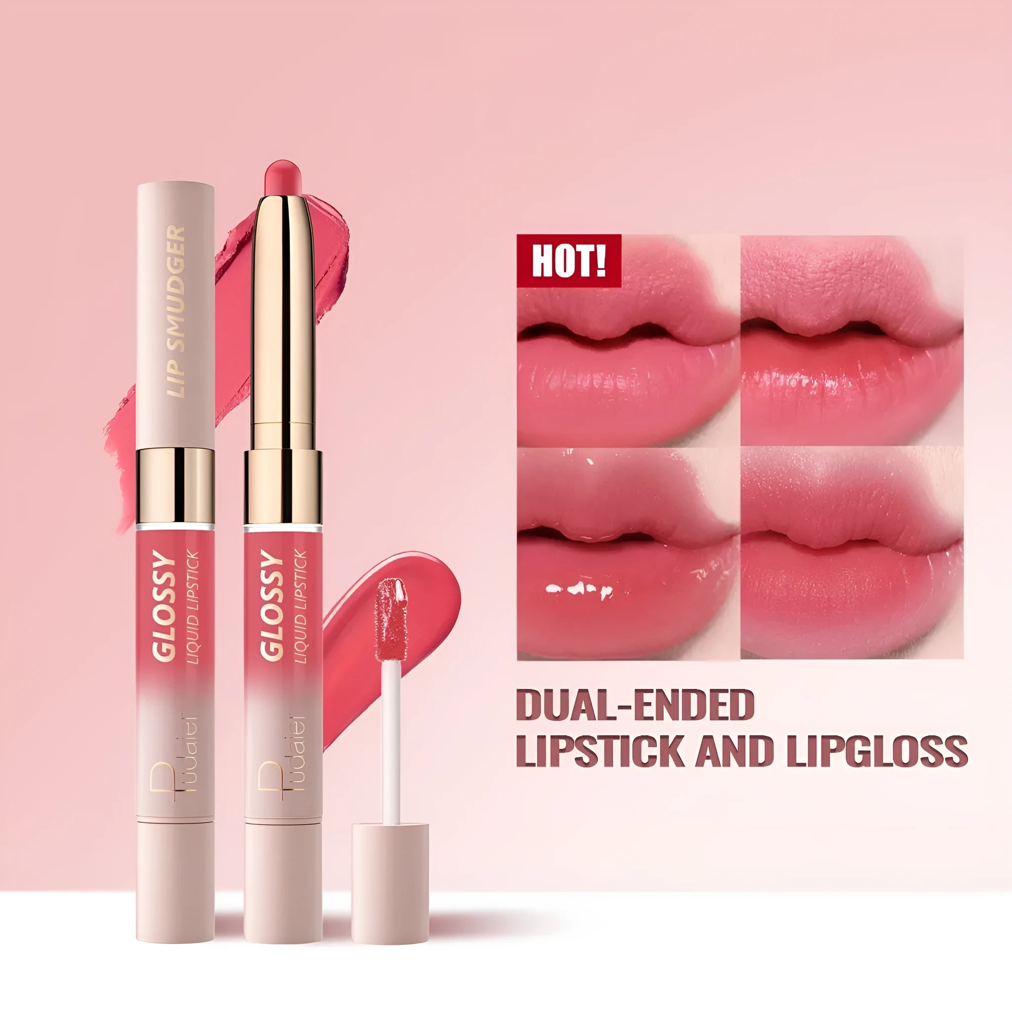 Double-headed lipstick case showing matte finish on one end and lip gloss on the other