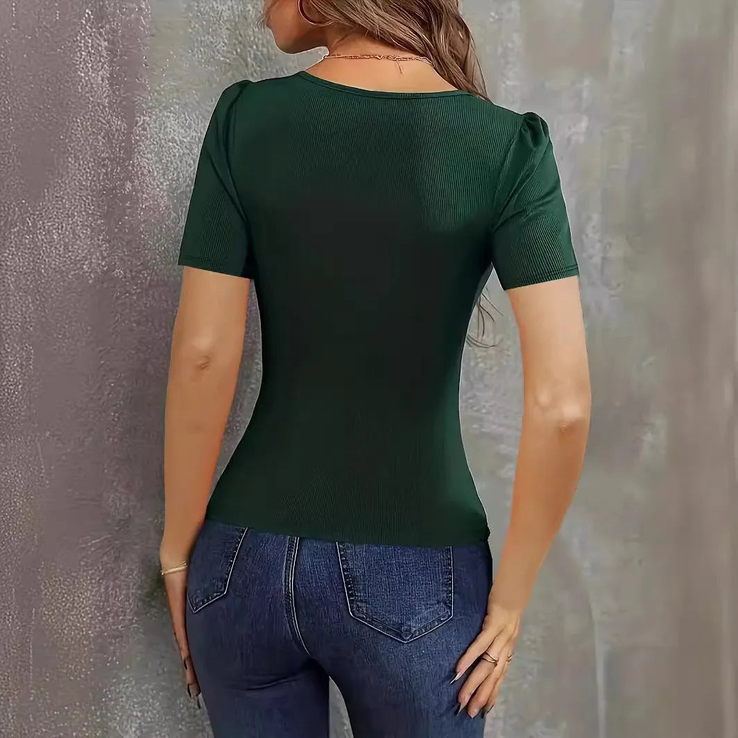 Women's knitted short sleeve pullover top in wine red with low neckline and slim fit