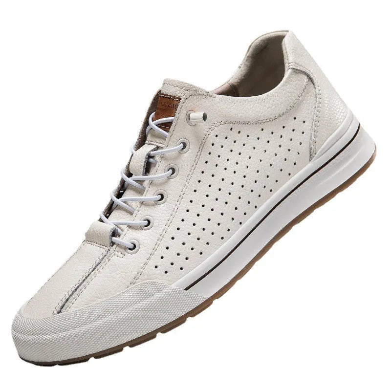 Men's white and black leather casual shoes with flat heel and round toe in multiple seasonal variations