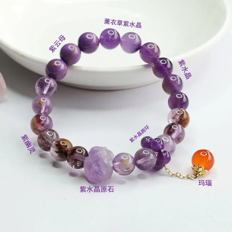 Natural nine purple crystal bracelet with amethyst beads and red agate accents in Mori style