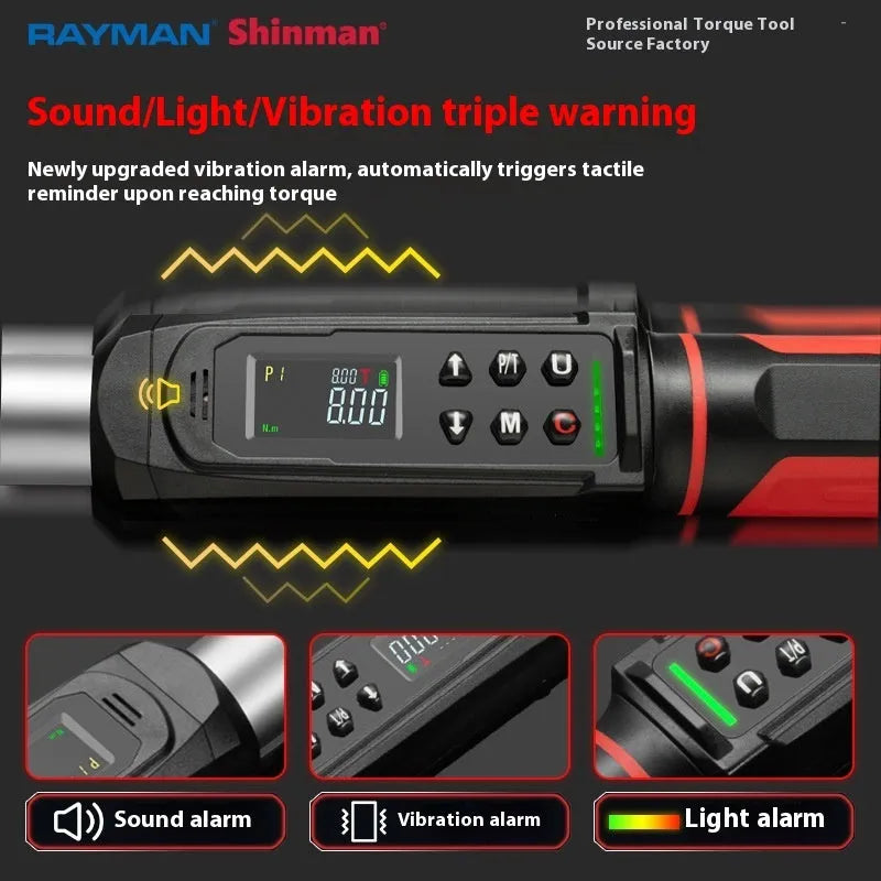 Electronic digital torque wrench with display showing torque measurement and chrome-vanadium steel construction
