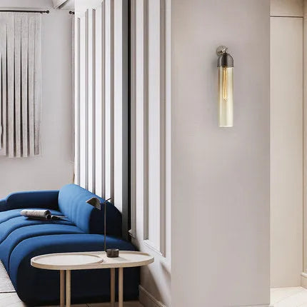 Nordic modern minimalist glass wall lamp with multiple light colour options including blue and amber.