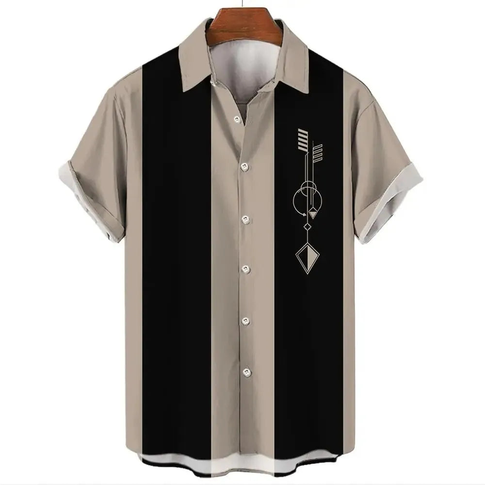 Men's striped Hawaiian short sleeve casual shirt on a hanger.