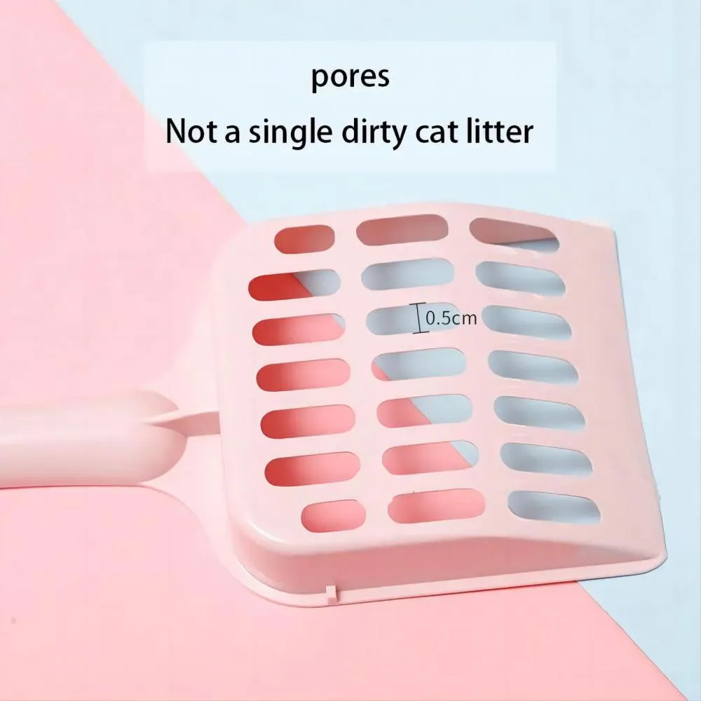 Blue plastic cat litter scoop on a white background, showing its size and sifting holes.