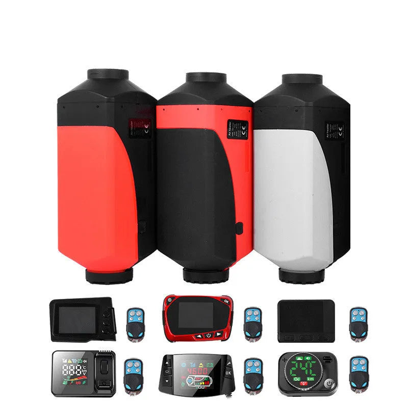 Red and black diesel air heater unit with fuel tank, exhaust pipe and installation components for vehicles.