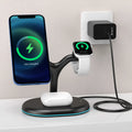 Black ABS plastic 3-in-1 magnetic wireless charging stand for phone, watch and earbuds.