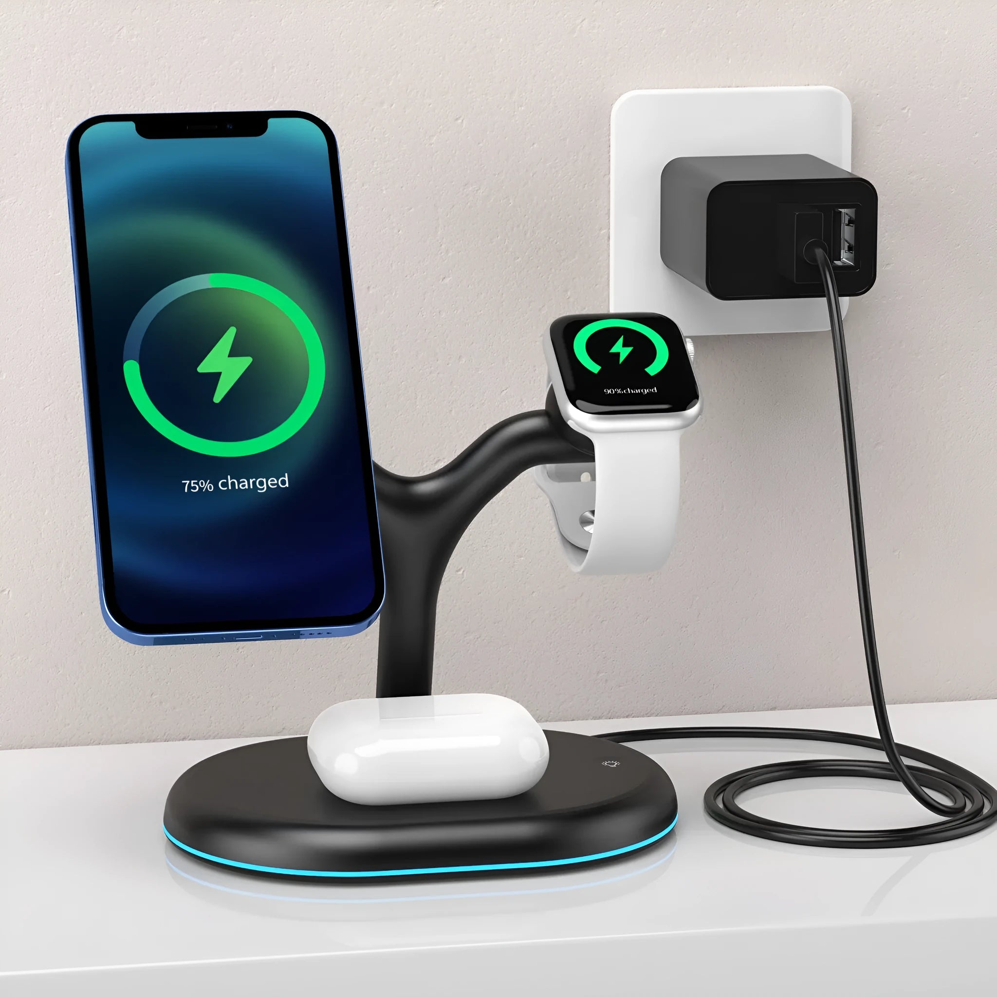 Black ABS plastic 3-in-1 magnetic wireless charging stand for phone, watch and earbuds.