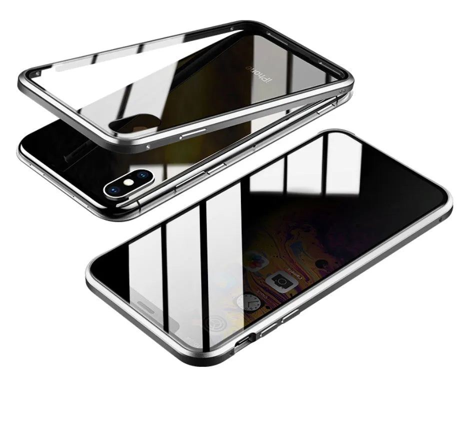 Glass anti-spy iPhone case with clamshell cover shown in black, silver, red, gold, green, and blue colour options.