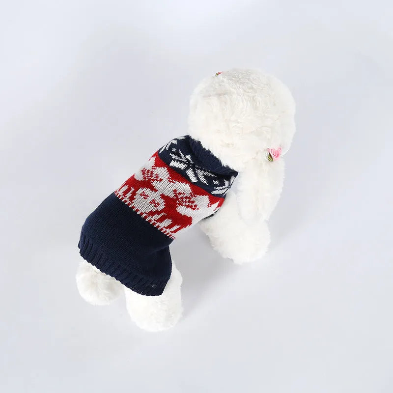 Navy blue knitted Christmas sweater for dogs on a mannequin showing European and American style design