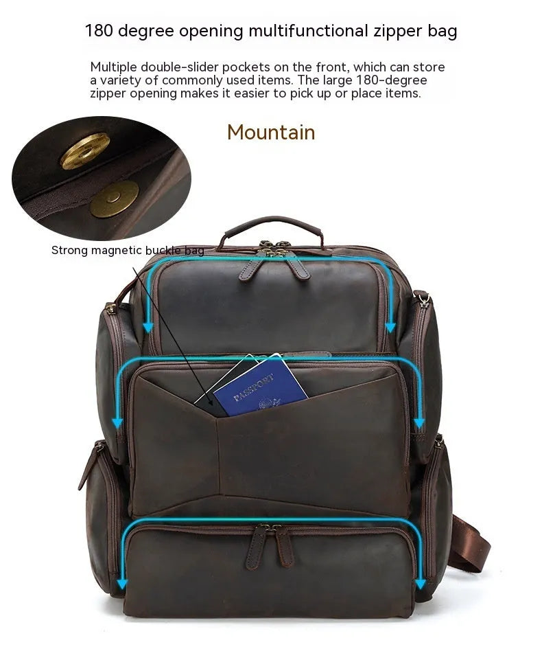 Dark brown leather backpack for 17-inch laptops with multiple compartments and shoulder straps
