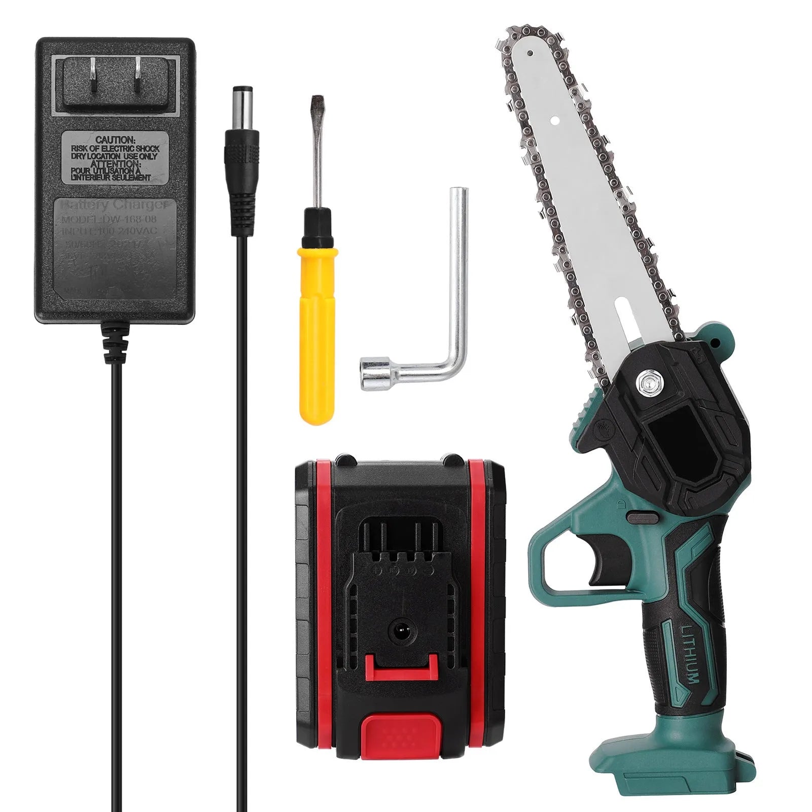 Black mini electric chainsaw with 4-inch guide bar and lithium battery, shown on a wooden log.