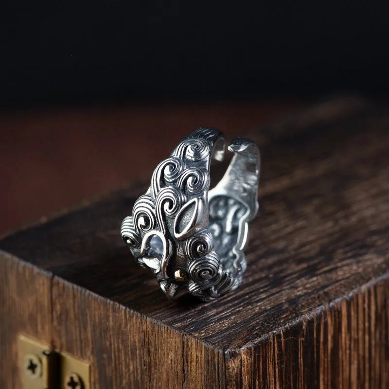 Silver open style ring with retro animal zodiac pattern and adjustable band for unisex wear