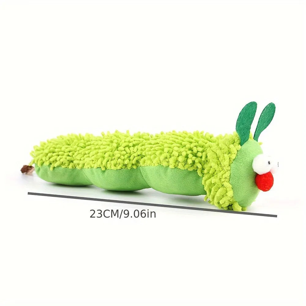 Green interactive plush cat toy pillow measuring 24cm long for feline play without batteries