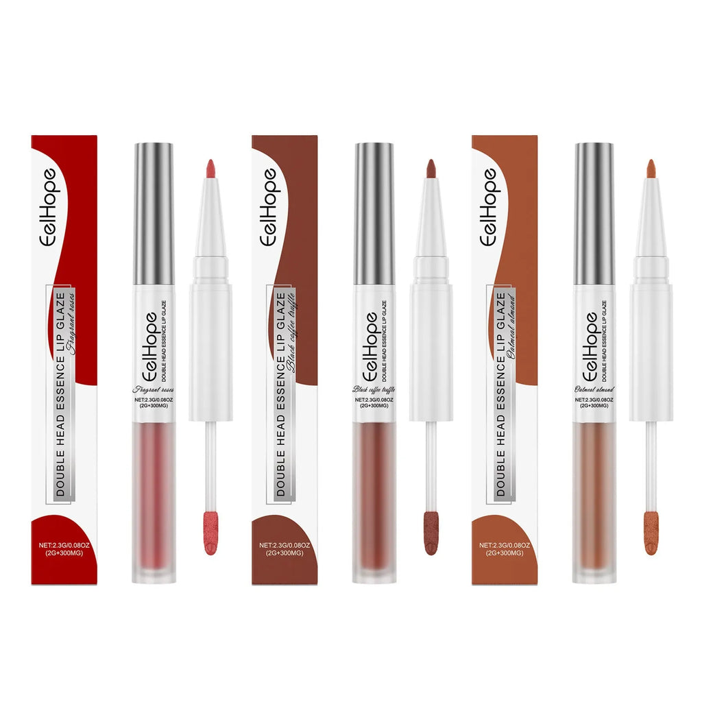 Double-headed lip liner and lip lacquer pen lipstick product.