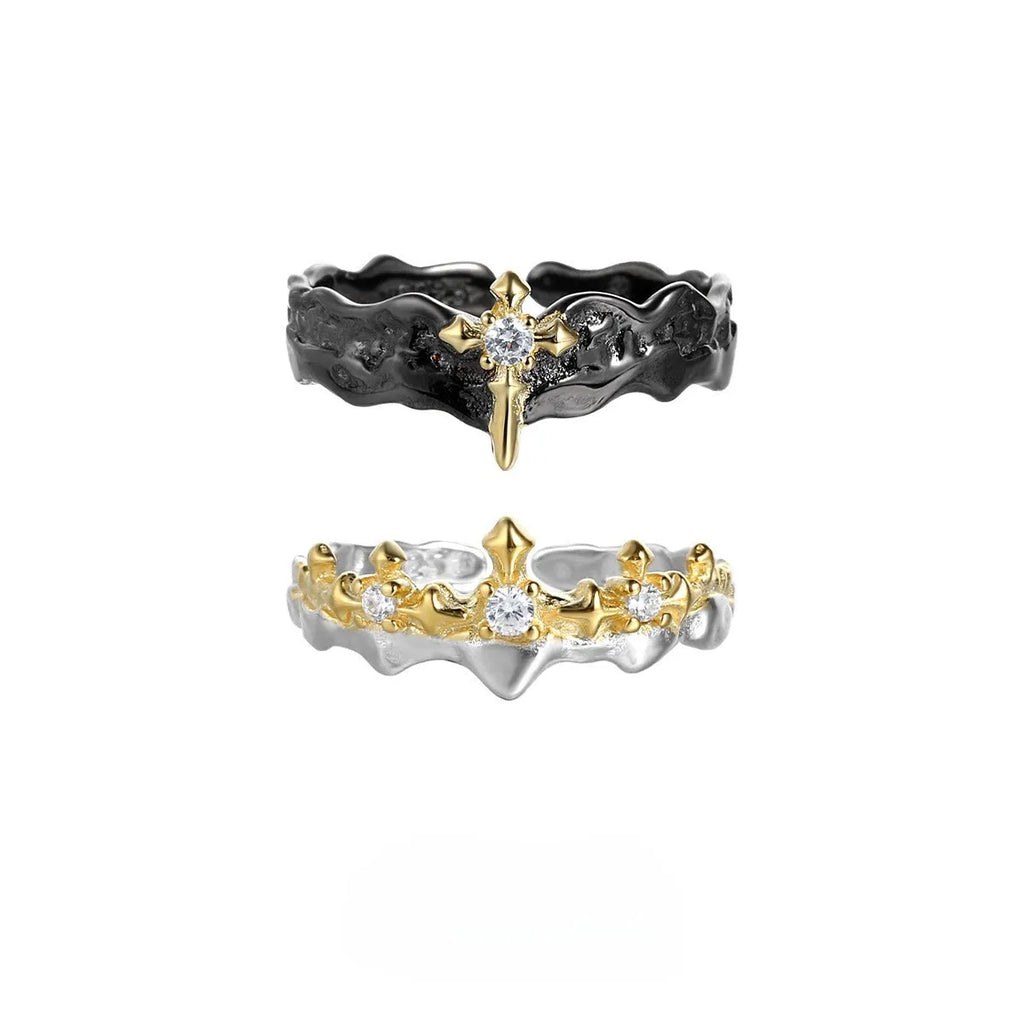 Princess Knight adjustable silver ring with white gold or black gold electroplated finish.
