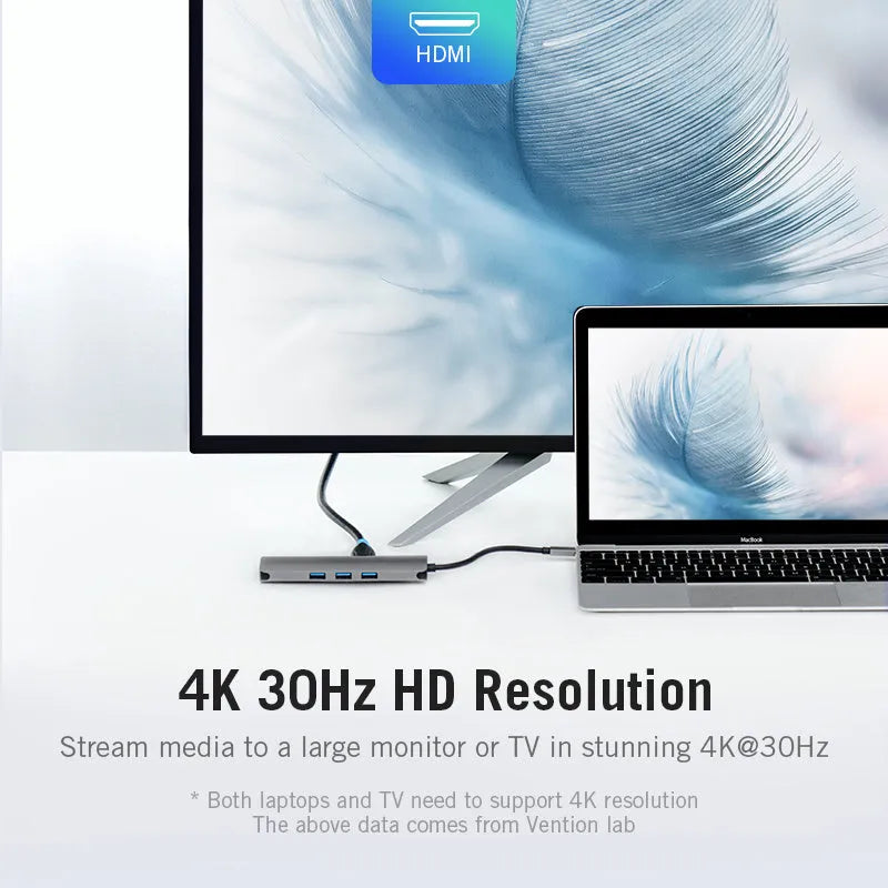 Deep grey USB-C to HDMI hub with Ethernet, USB ports, card readers, and PD charging on a 0.15m cable