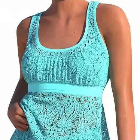 Women's hollow conservative split two-piece swimsuit set in solid colour with sleeveless briefs design
