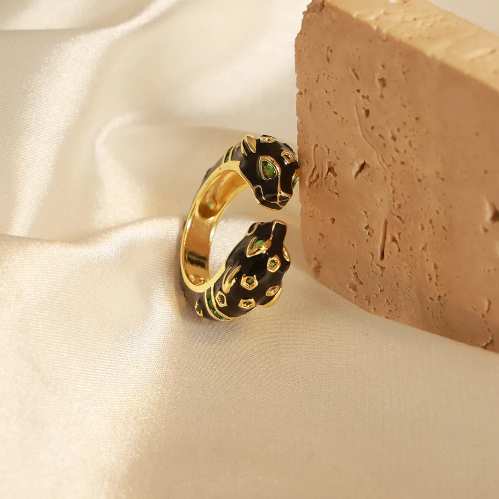 Black cheetah pattern open ring with geometric oil dripping design on copper