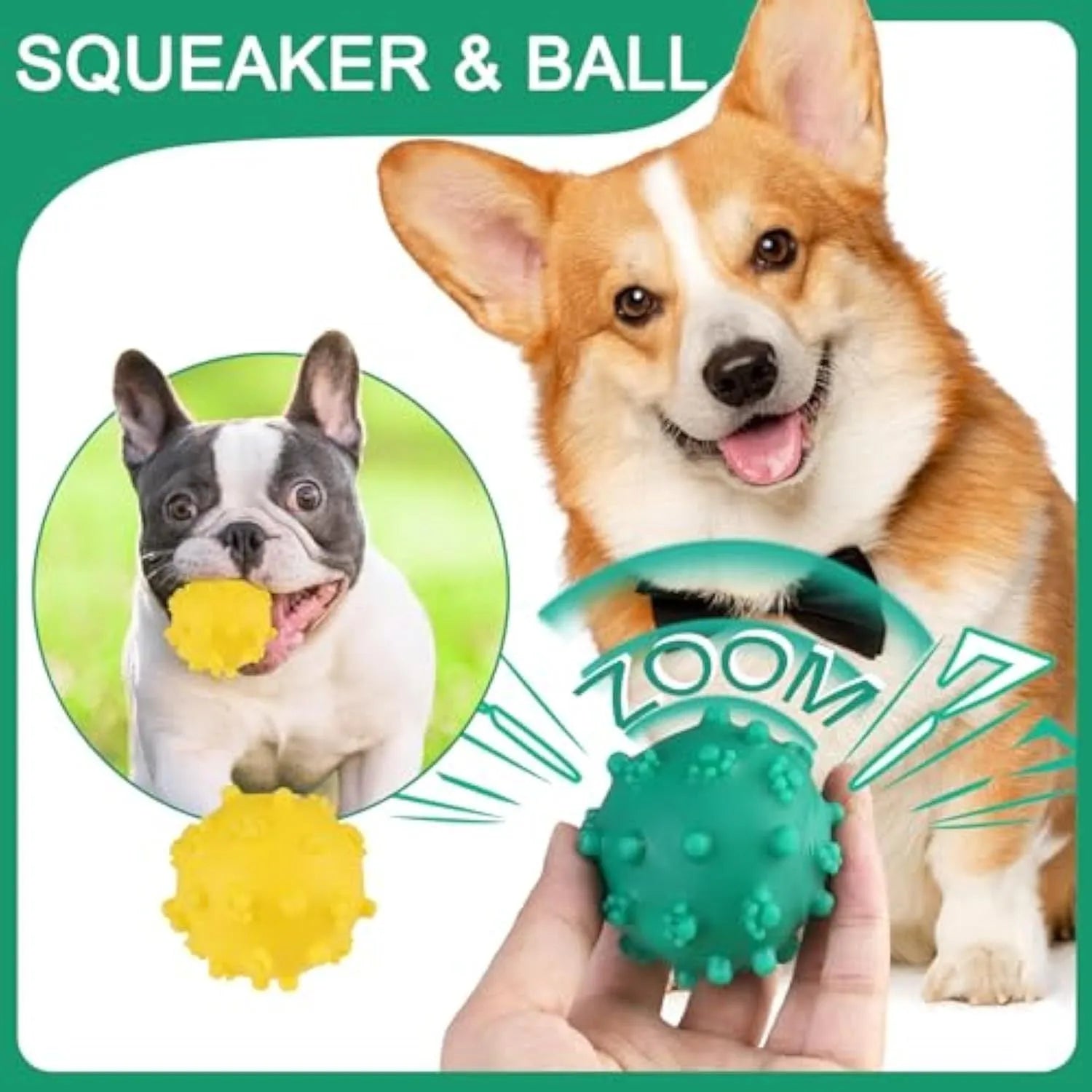 Bright blue, green, pink, and yellow spiky dog toy balls with paw print dimples, shown next to a small dog.