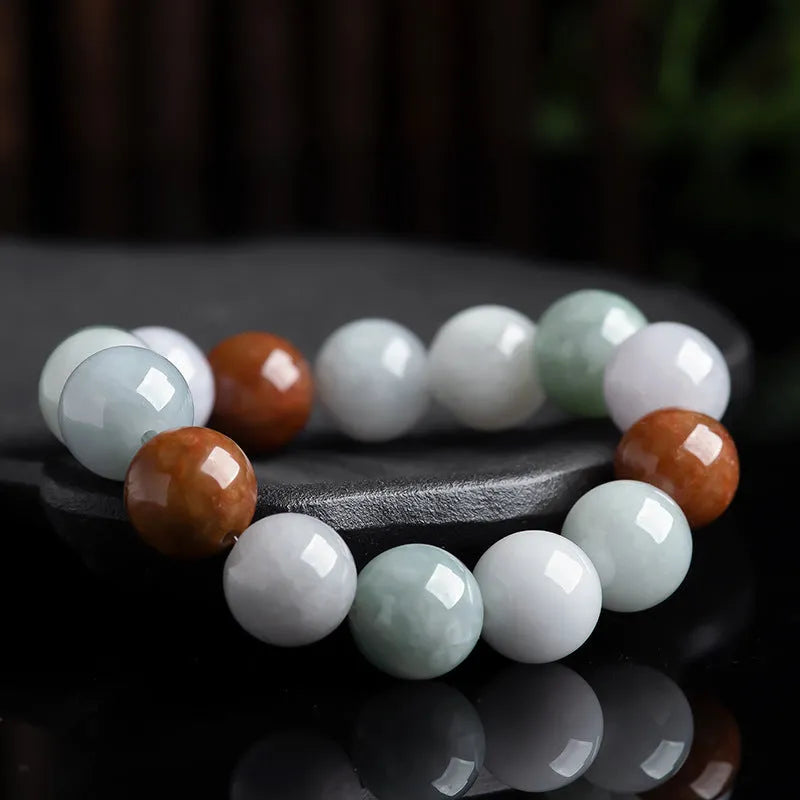 Women's natural Myanmar jade three-colour bracelet with 13mm round beads and certificate