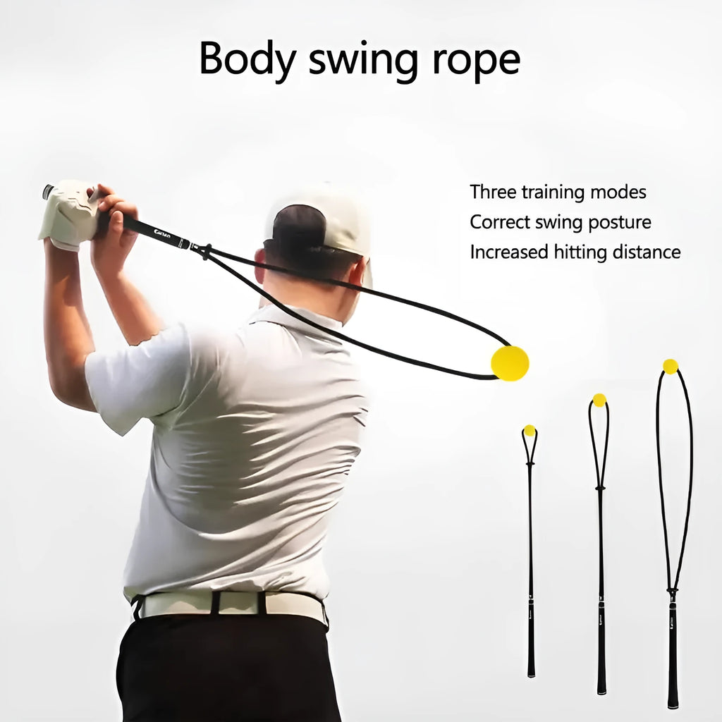 Black silicone elastic golf swing correction rope trainer for action practice.