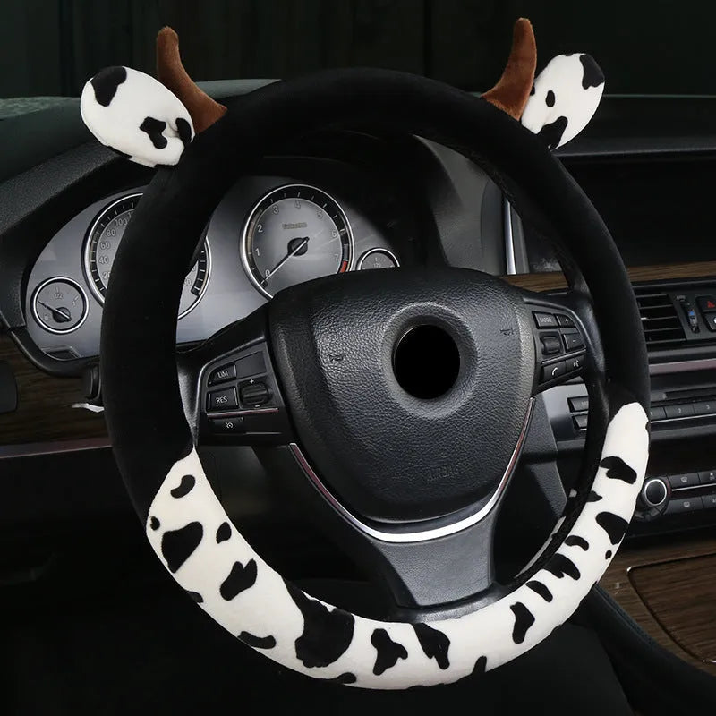 Short plush automotive steering wheel cover with protective handle in black colour
