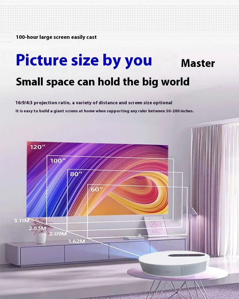 White 720p HD home theatre projector with remote control on neutral background