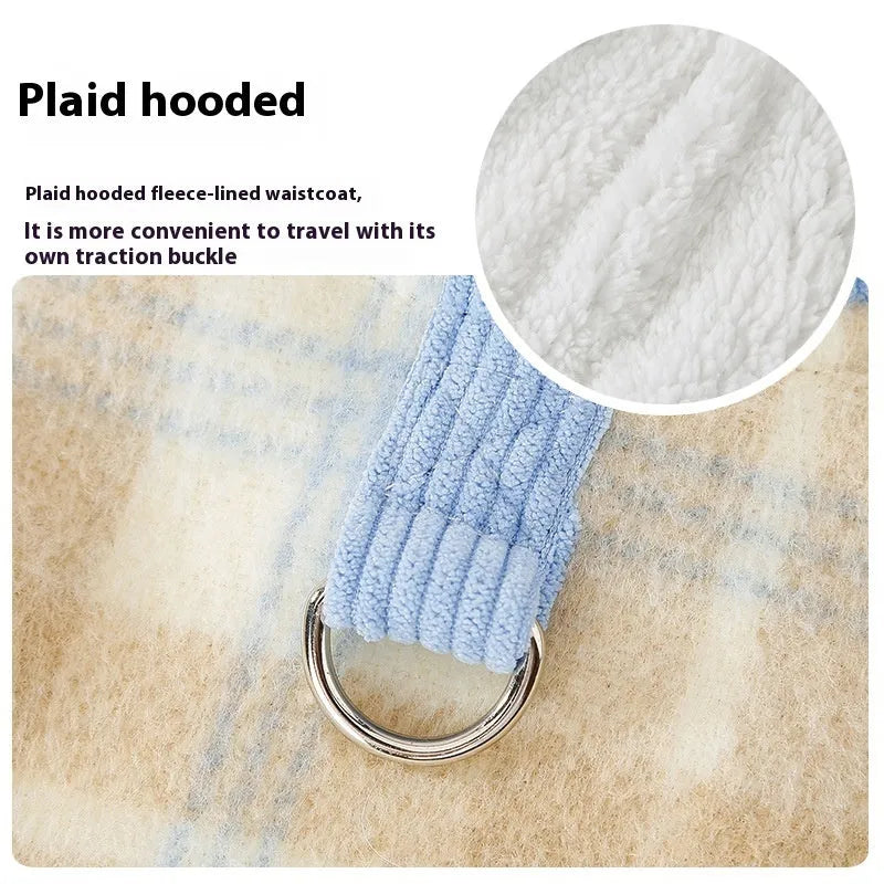 Blue and yellow corduroy hooded dog vest with chessboard grid pattern and traction point