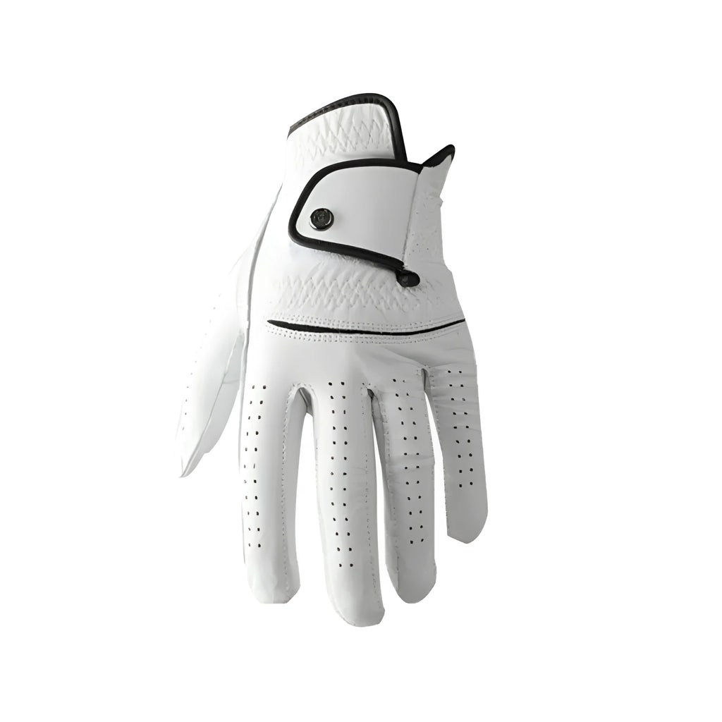 Single white men's golf glove made from breathable half sheepskin leather.
