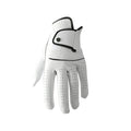 Single white men's golf glove made from breathable half sheepskin leather.