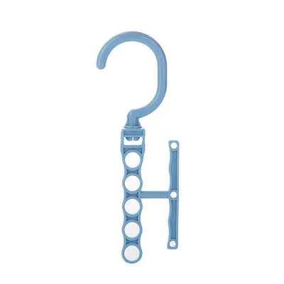 Blue revolving plastic wardrobe hanger with five hooks and a central handle for rotating.
