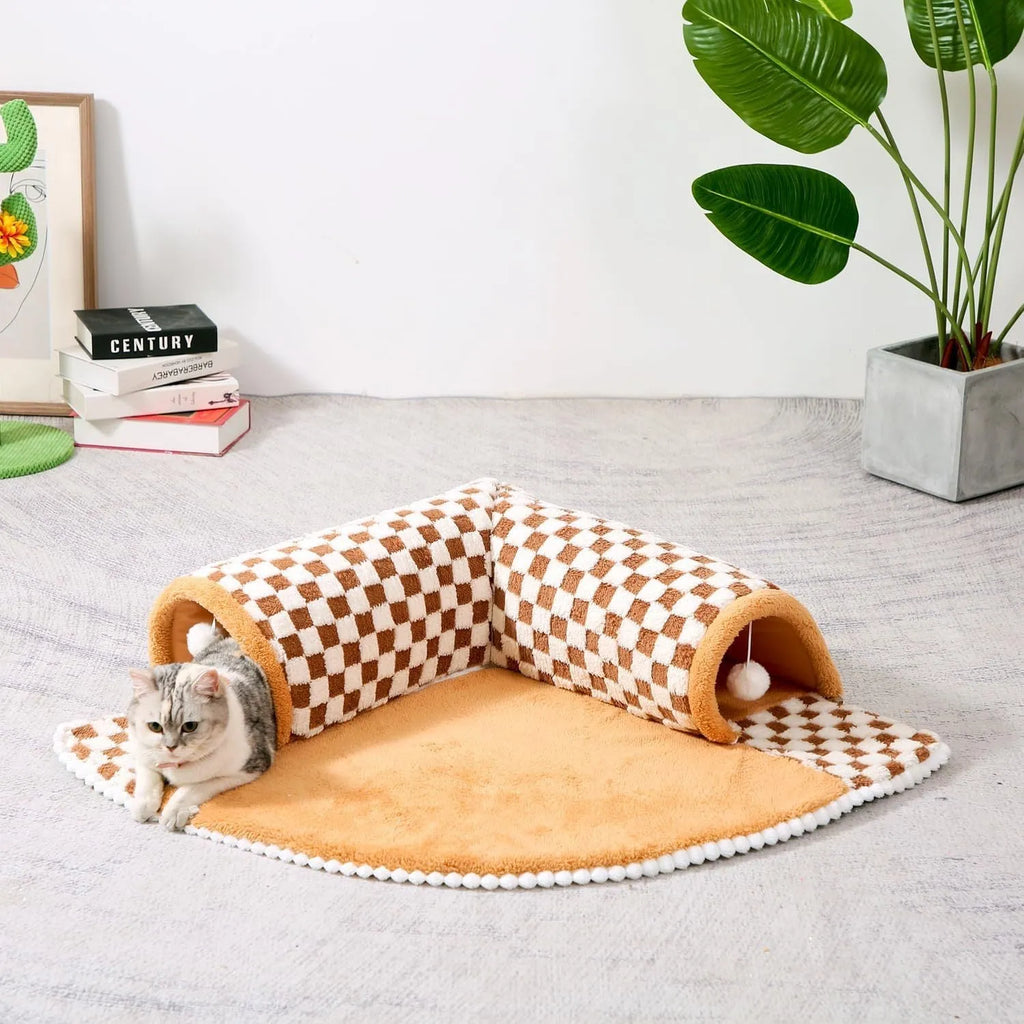 Fan-shaped plaid pet bed with attached tunnel for dogs and cats, coffee colour option