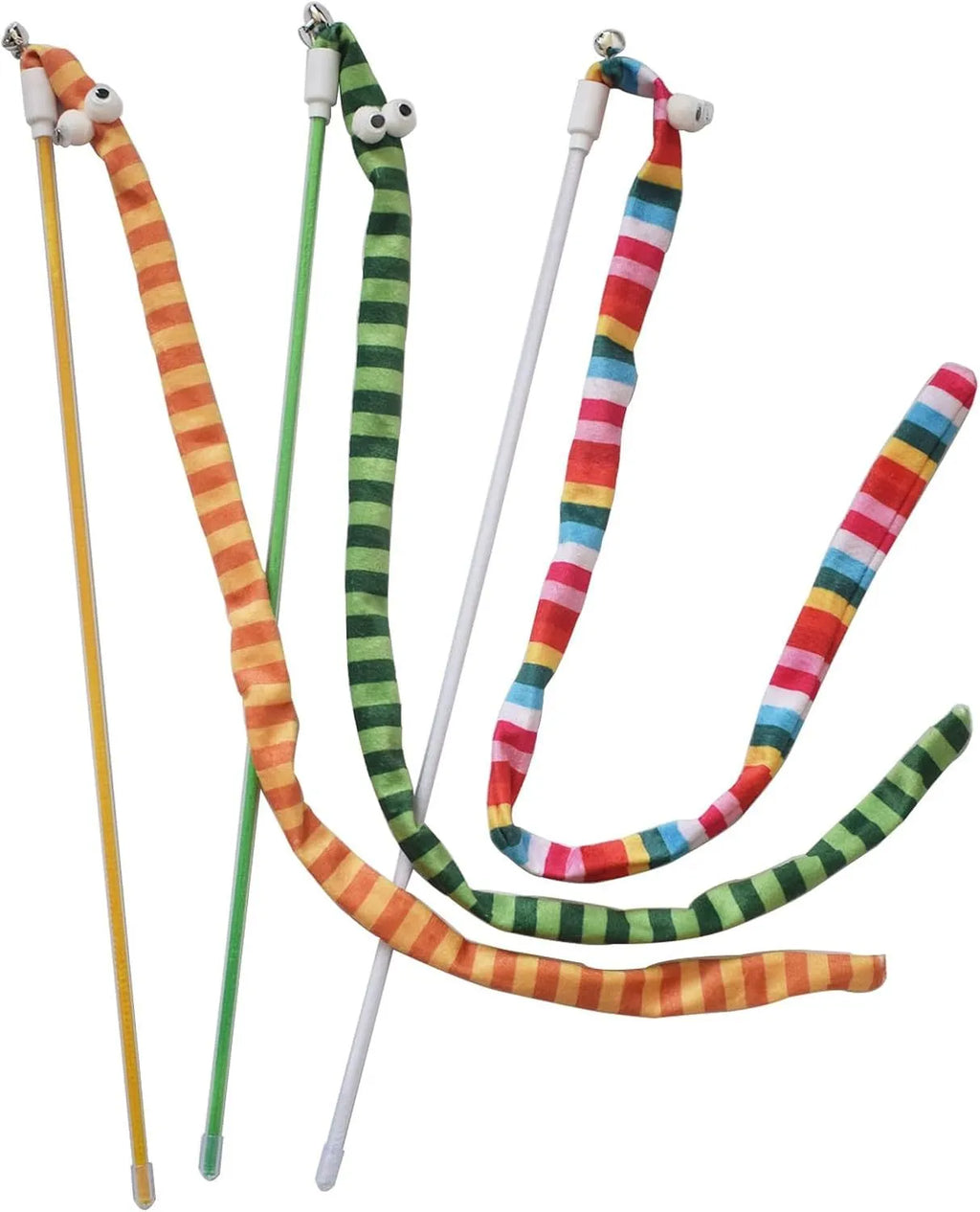 Long plush cat teaser wand toy with polycarbonate handle and colourful soft strip