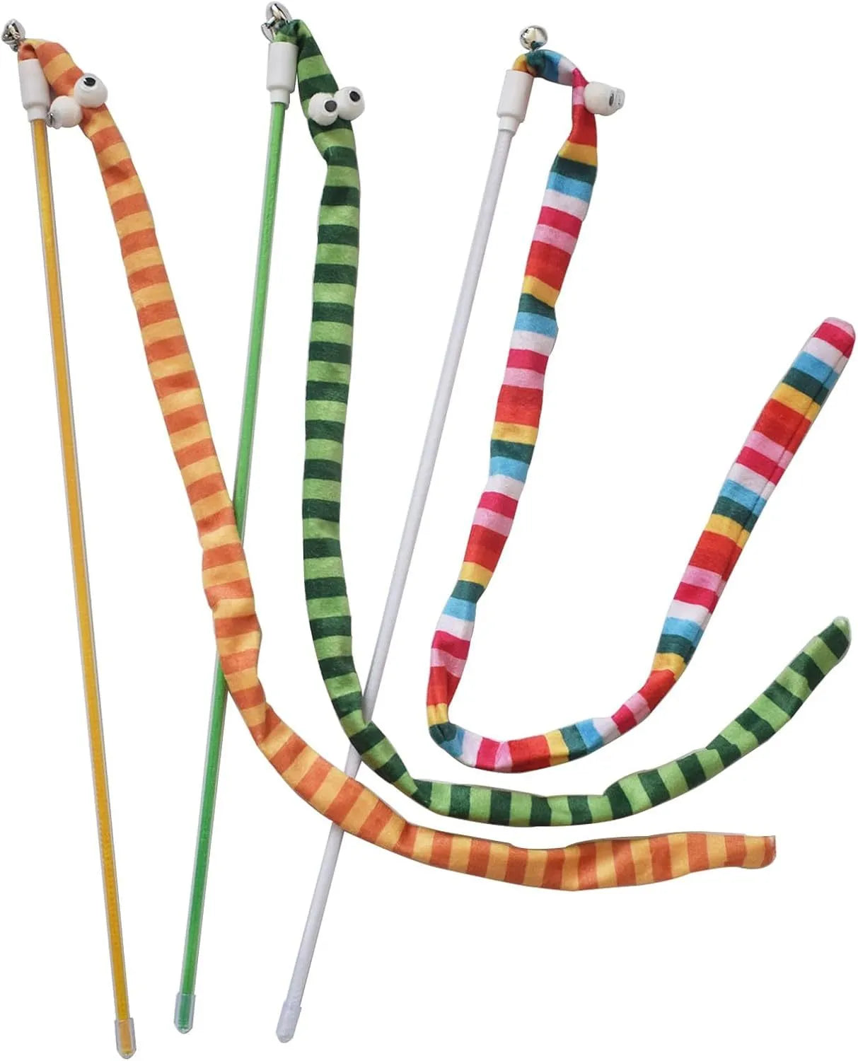 Long plush cat teaser wand toy with polycarbonate handle and colourful soft strip