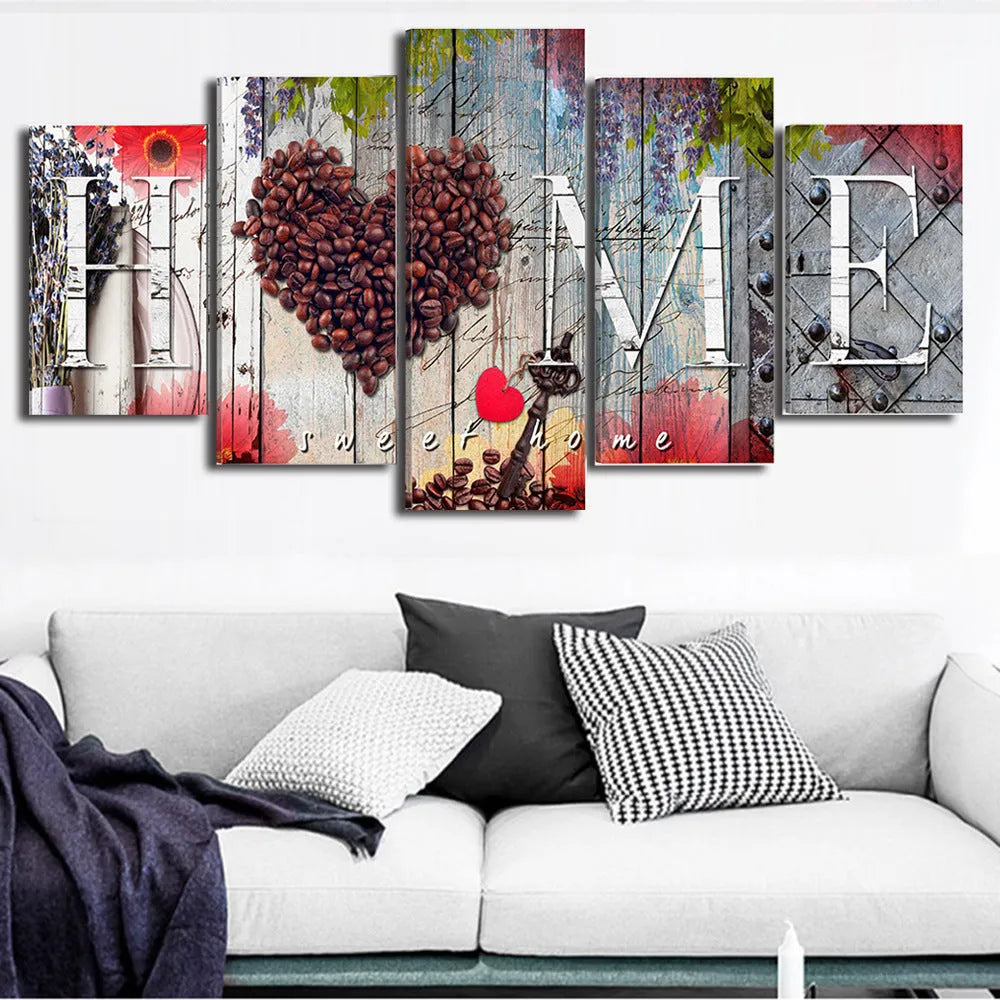 Red oil painting canvas wall art set showing five unframed canvases in coordinated sizes