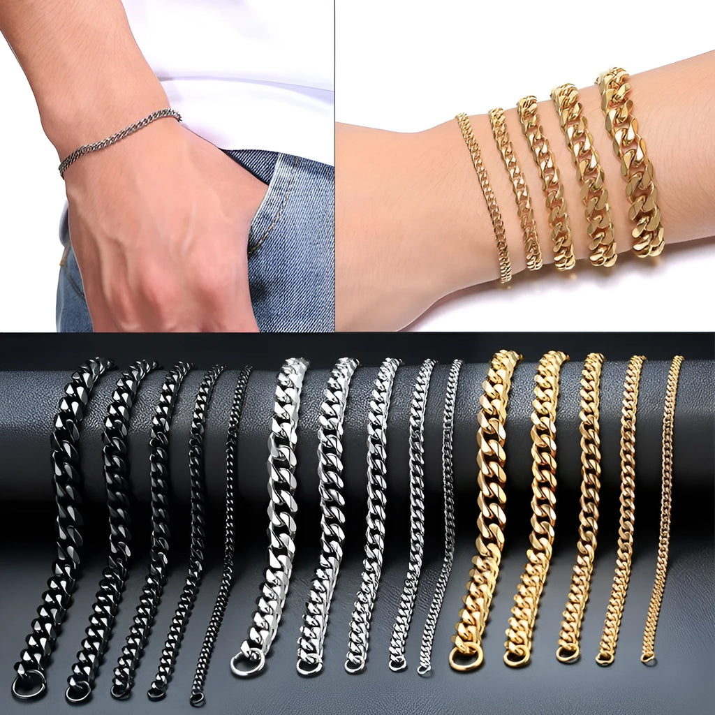Gold Cuban link bracelet with flat six-sided metal chains in various widths and colour options.