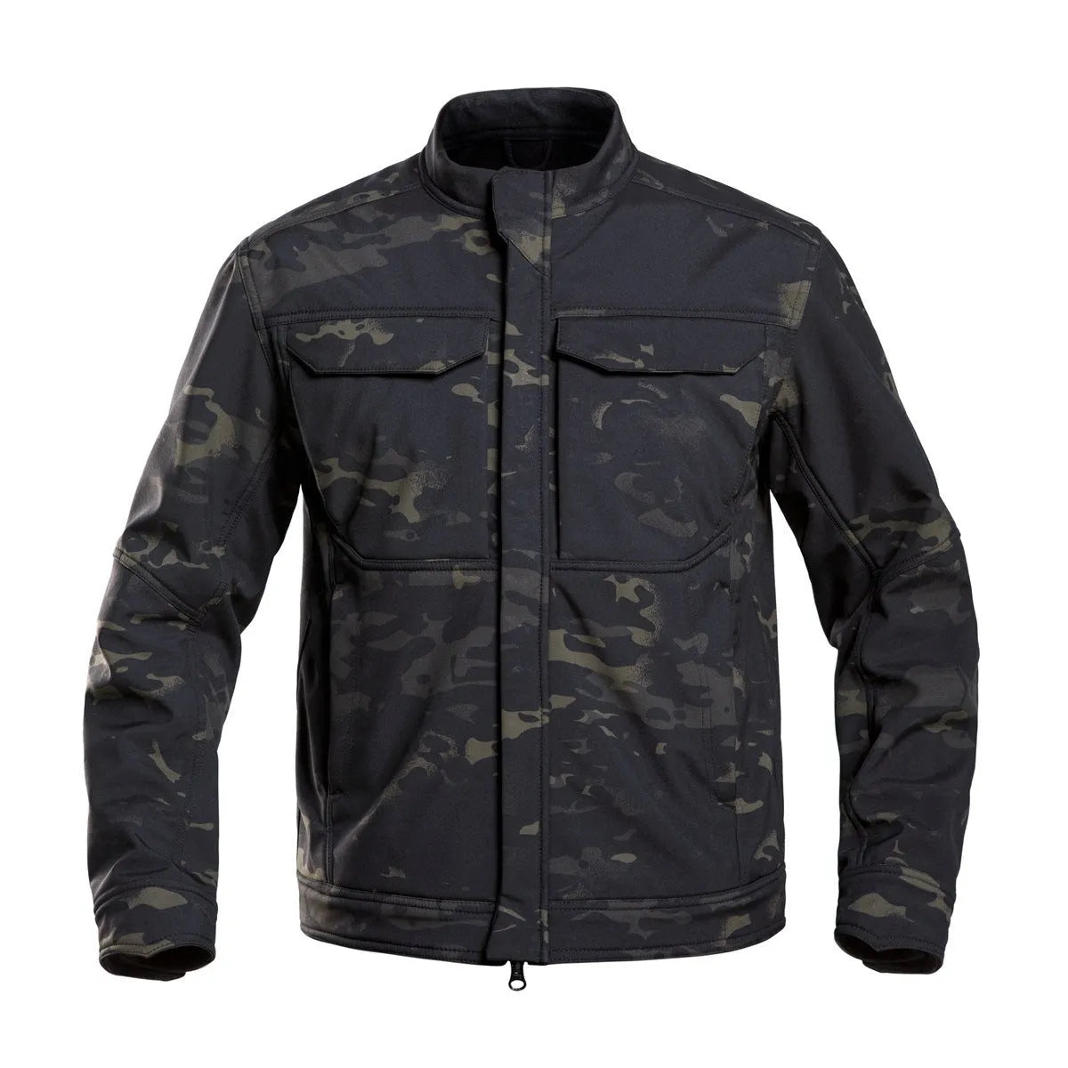 Bone Frog Peak Breaker soft shell mountaineering jacket in black, shown as a cardigan-style outdoor coat.