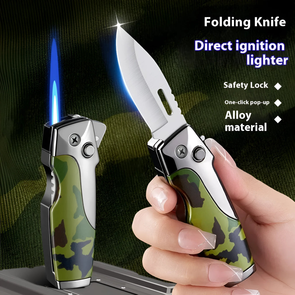 Zinc alloy metal folding pocket lighter with a knife, shown in a wood grain finish