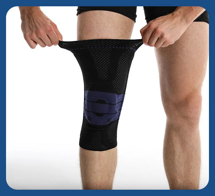 Adult sports knee pads in black and blue colour with nylon-spandex construction