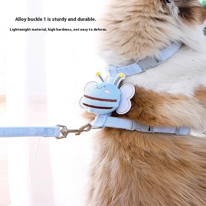 Bee-shaped adjustable cat harness and lead set in pink, yellow, or blue on a white background