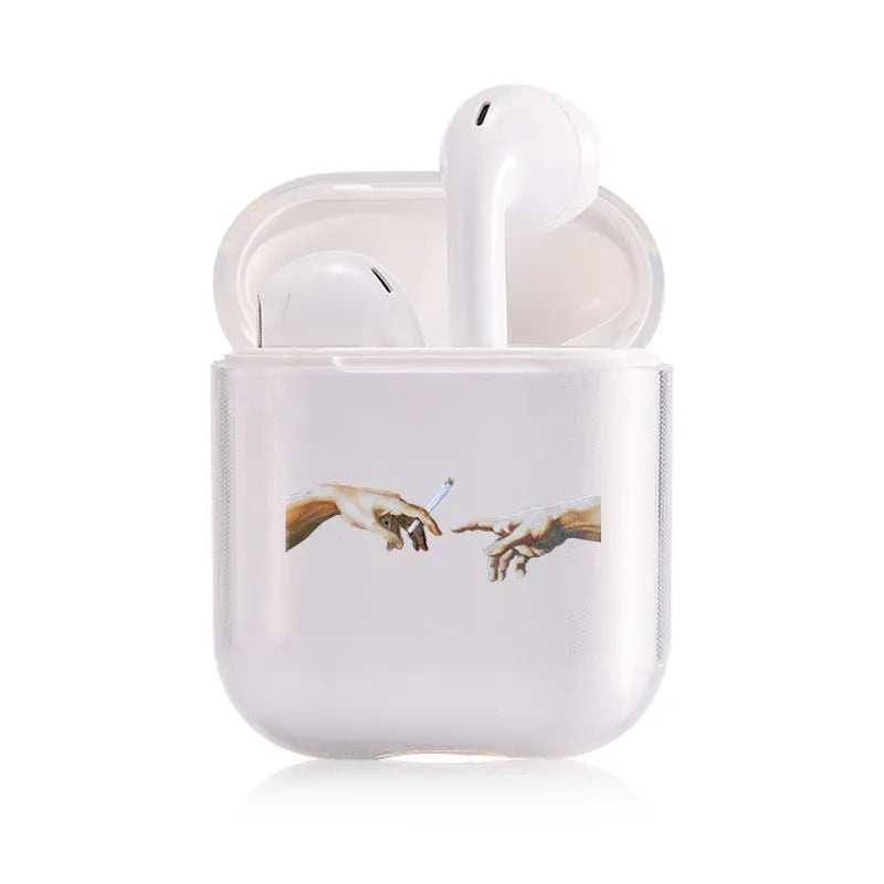 Transparent plastic AirPods protective cover showing Apple device inside with colour variation options