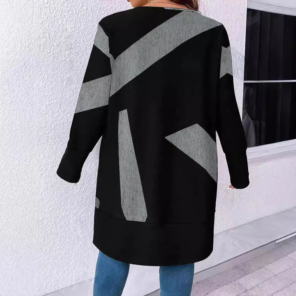 Black plus size casual cardigan coat with button stitching printing detail and regular sleeves