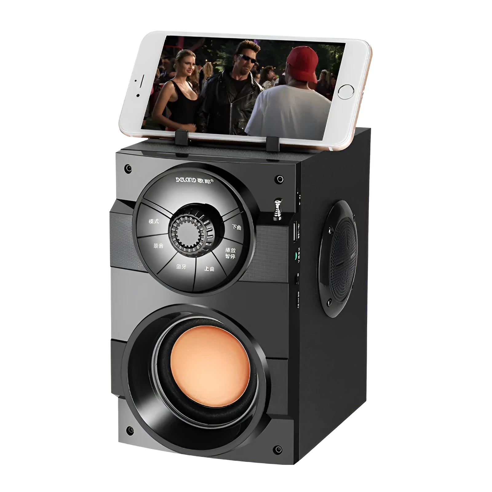 Black portable mini home audio system with subwoofer showing front speakers and connection ports