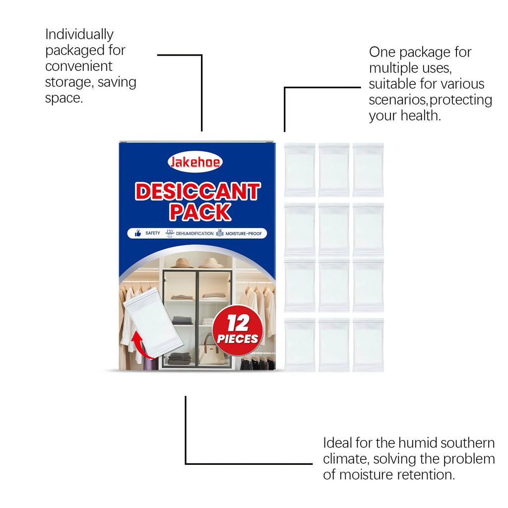 Pack of 12 white calcium chloride anti-odour desiccant bags for home moisture control.